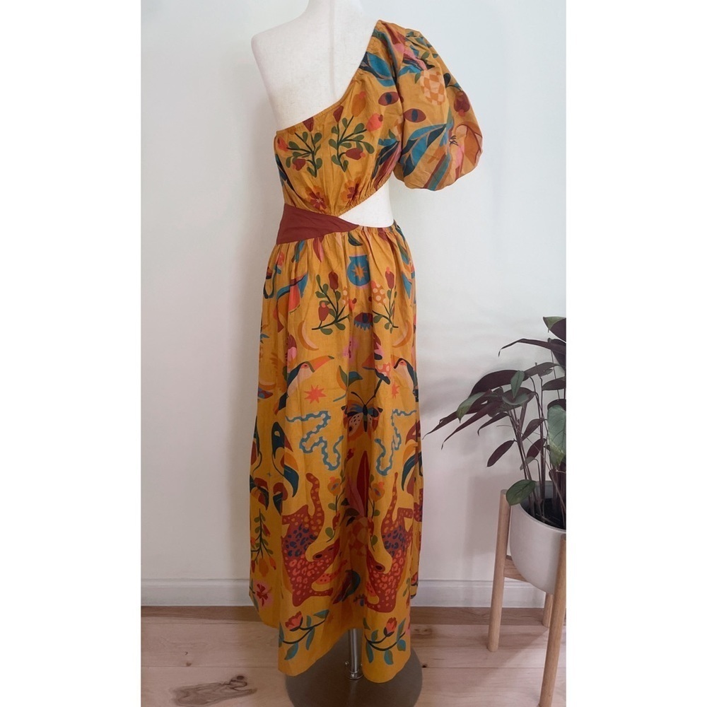 NWT Anthropologie Farm Rio Birds Leopard Floral One-Shoulder Maxi Cut Our Dress  - Picture 7 of 11